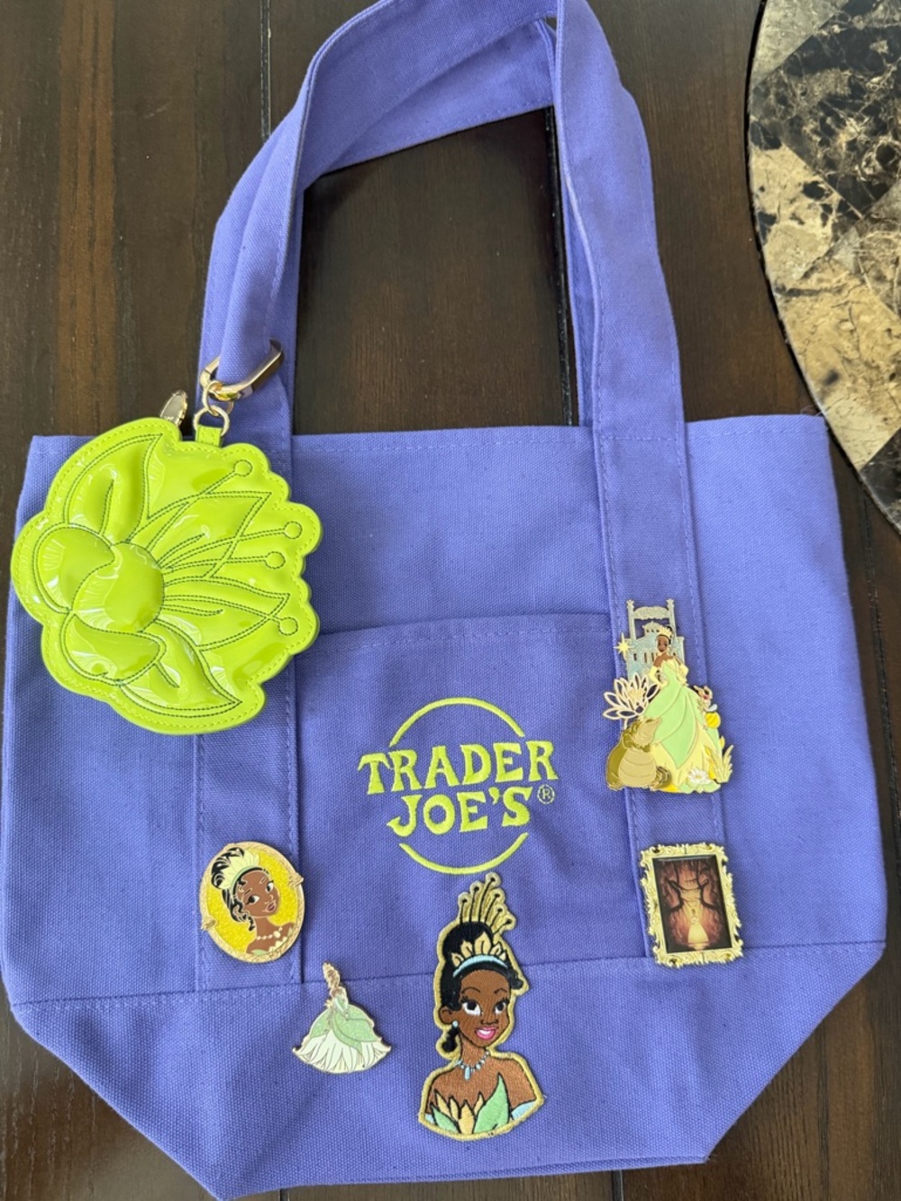 Trader Joe's Purple Tote with Green Charm & Princess Pins